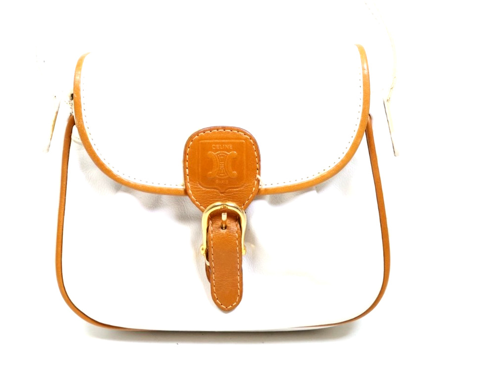 Vintage Signed Celine White Calfskin Crossbody Saddle Bag with Tan Piping
